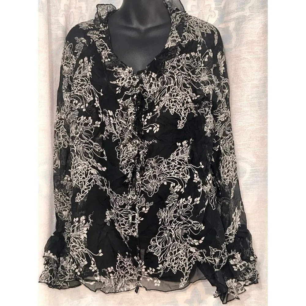 Allison Taylor grayish AND BLACK Silk Floral Sheer Top Blouse XL Detached black
